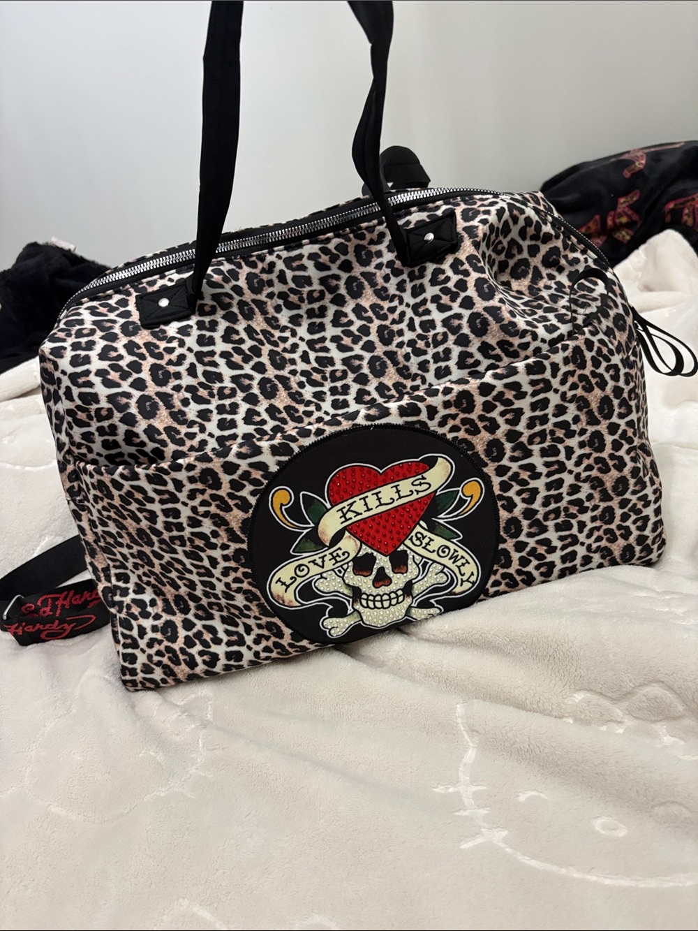 Ed Hardy Leopard Print Weekender Bag with Skull Heart Patch - Black/Tan/Red